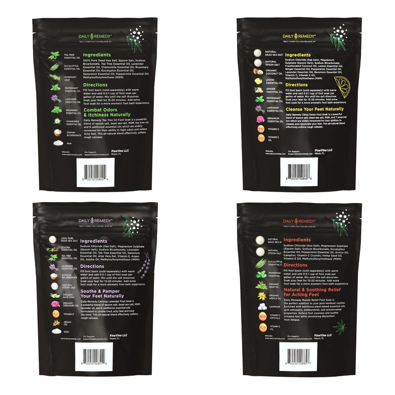 DAILY REMEDY Foot Soak Salts- Variety Pack of 4- Tea Tree Oil, Muscle Relief, Calming Lavender &amp; Citrus Soak- For Foot Pain, Soreness, Athletes Foot, Odors, Calluses-Made In USA