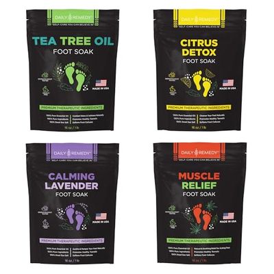 DAILY REMEDY Foot Soak Salts- Variety Pack of 4- Tea Tree Oil, Muscle Relief, Calming Lavender &amp; Citrus Soak- For Foot Pain, Soreness, Athletes Foot, Odors, Calluses-Made In USA