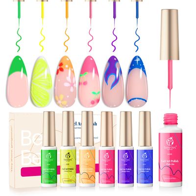 Beetles Summer Gel Liner Nail Polish Set - 6 Neon Gel Nail Polish Colors Hot Pink Orange Blue Yellow Paint for Nails Built Thin Brush in Bottle Soak off Uv LED Lamp Nails Art