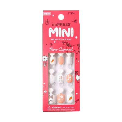 KISS imPRESS Mini Press-On Nails Manicure for Kids, Bunny and Carrort Design, Beginner Nail Art Set with Nail File &amp; 20 Fake Nails