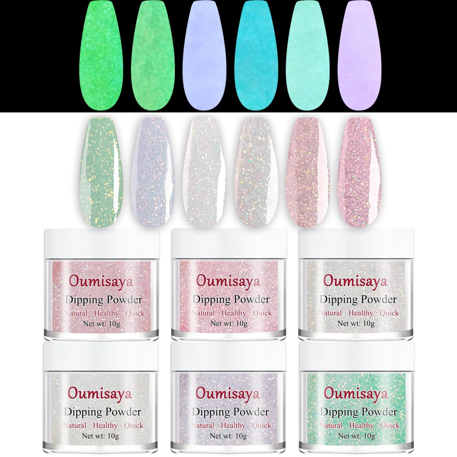 Glitter Glow in the dark Nail Dip Powder 6 Colors Set for Starters Pink White French Nail Art Design