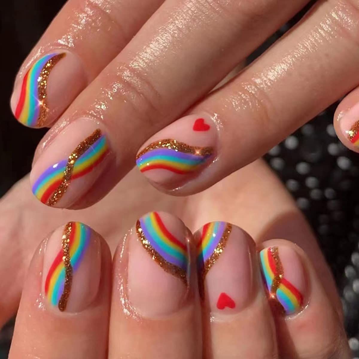 24Pcs Press on Nails Short, Rainbow Fake Nails Square, Glitter Press on Acrylic French False Nails Tips with Design, Colorful Stripes Heart Glossy Artificial Nails Gay Pride Stick On Nail