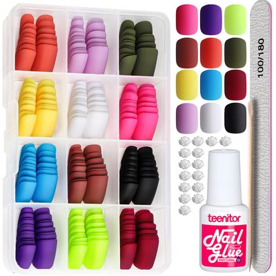 Teenitor Short Square Press On Nails, Matte Short Press On Fake Nails With Glue, 12 Colors Short Nails Press On Short Glue On Nails