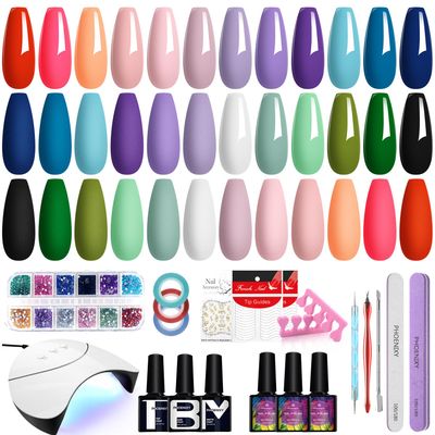 PHOENIXY 36 PCS Gel Nail Polish Kit with U V Light, All Season Colors Gel Nail Polish Set Black White Purple Pink Orange Red Blue Manicure Starter Nail Kit Gifts for Women