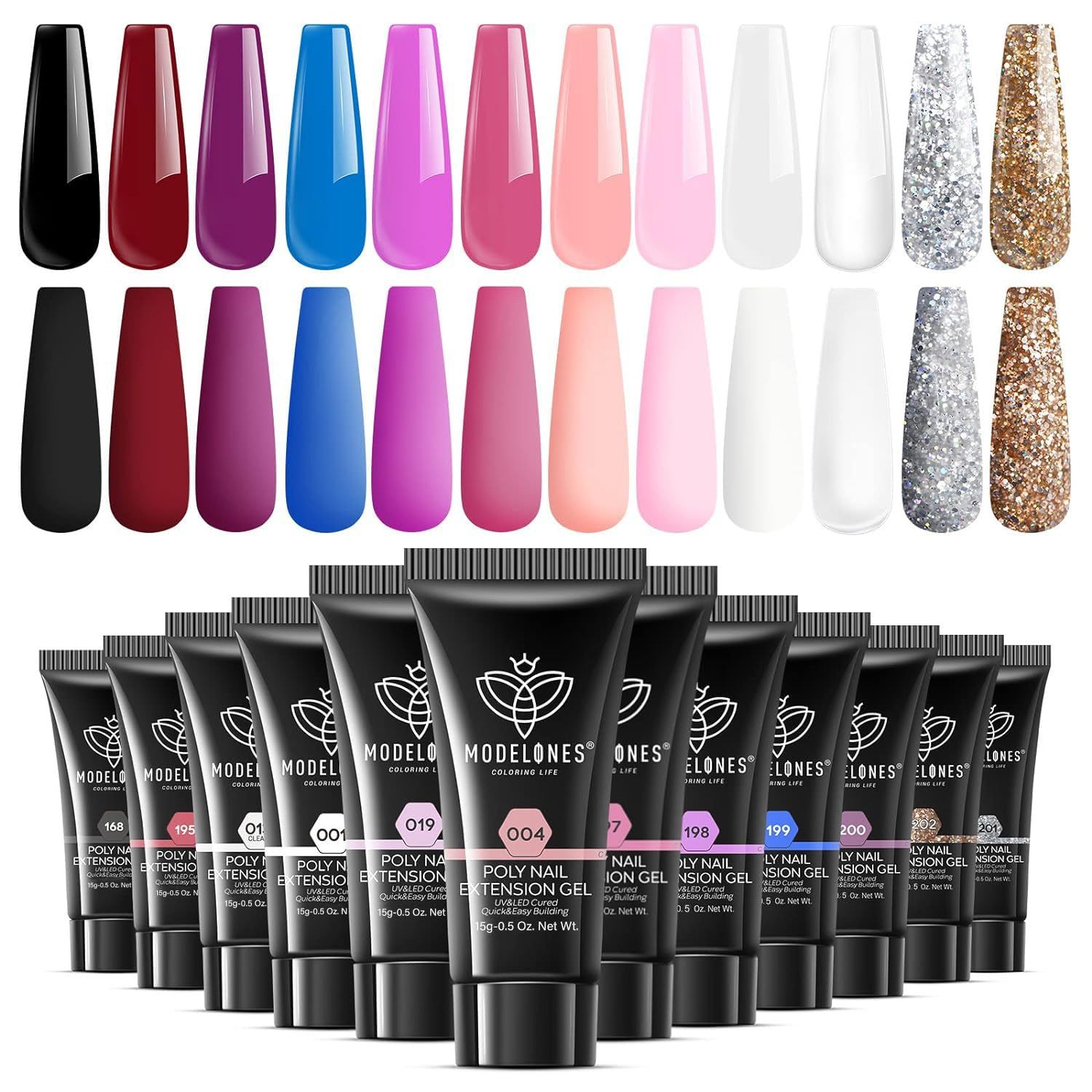 modelones 12 Colors Poly Nail Extension Gel Kit Pink Black White Red Glitter All Seasons Classic Colors Builder Nail Gel Set Holiday Manicure DIY Design Salon at Home Beauty Gifts