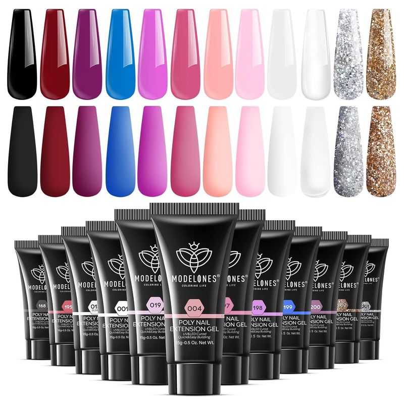modelones 12 Colors Poly Nail Extension Gel Kit Pink Black White Red Glitter All Seasons Classic Colors Builder Nail Gel Set Holiday Manicure DIY Design Salon at Home Beauty Gifts