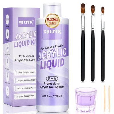 XIFEPFR Monomer Acrylic Nail Liquid 8.12fl.oz with 3 Size Acrylic Brushes for Acrylic Powder, MMA-Free Non-Yellowing EMA Monomer Liquid for Acrylic Nail Extension &amp; Carving, DIY Home &amp; Nail Salon Use