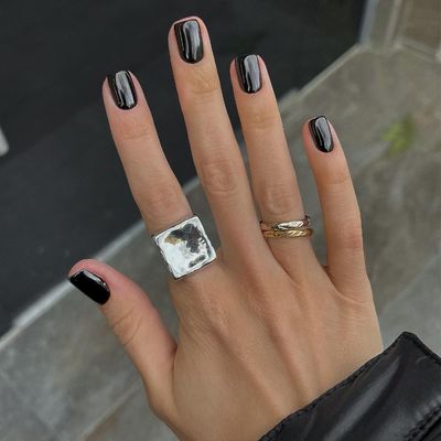Mirror Metal Black Press on Nails Short Square, Chrome Glazed Short Gel Nails Press on Bling Shiny Plating Acrylic Nails Reusable Thick Fake Nail for Women Glue on Nails False Nail