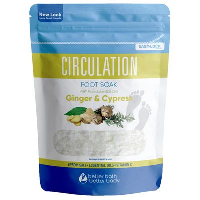 Circulation Foot Soak 32 Ounces (2 Lbs) Epsom Salt with Pure Essential Oils Ginger and Cypress Essential Oils Plus Vitamin C in BPA Free Pouch with Easy Press Lock Seal