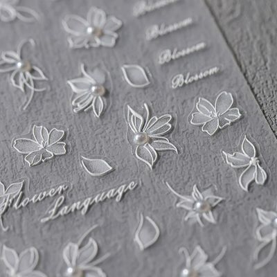 White Flower Nail Art Stickers, 5D Embossed Flowers Nail Decals with Pearl, 1PCS Diamond Floral Design Adhesive Sliders Spring Manicure Nails Supplies for Women DIY Decorations