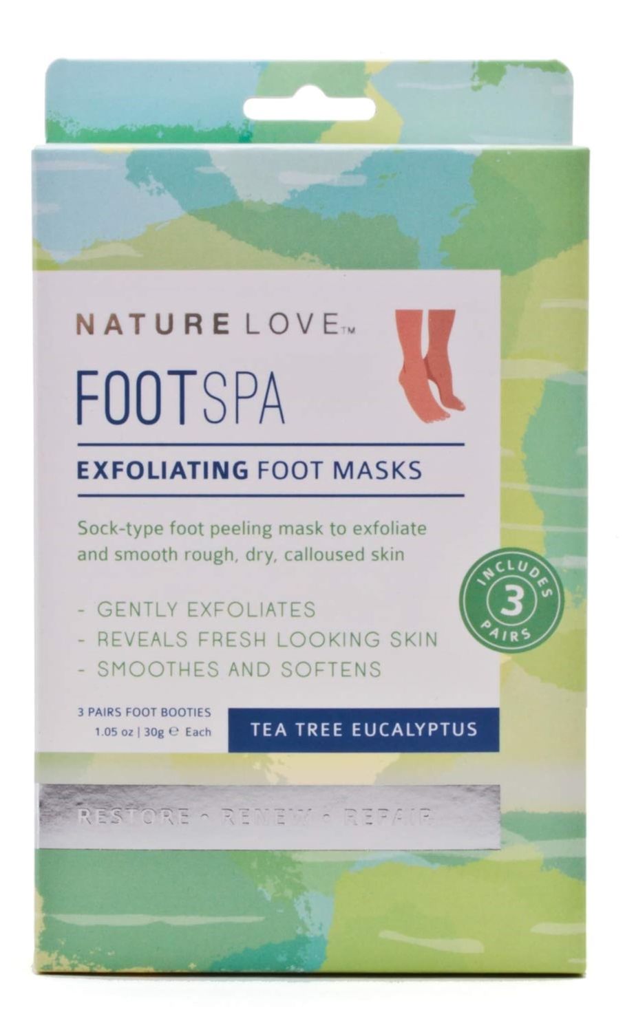 Nature Love Exfoliating Foot Mask | Tea Tree Eucalyptus | Lactic Acid and Urea | Gently Exfoliates and Removes Dead Skin | Paraben Free (3 Pairs)
