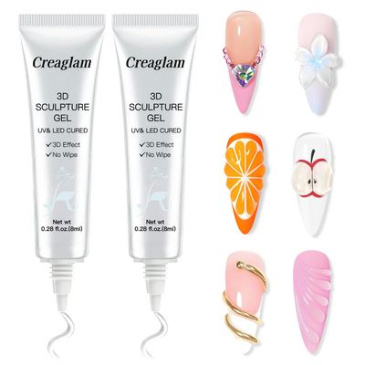 Creaglam 3D Nail Gel Art: 2pcs Sculpting Gel Nail Glue for Carving Patterns Decoration - Chrome Nail Powder and DIY Nail Charms - 4 in 1 Clear No Wipe Gel Nail Polish Rhinestone Nail Art Glue