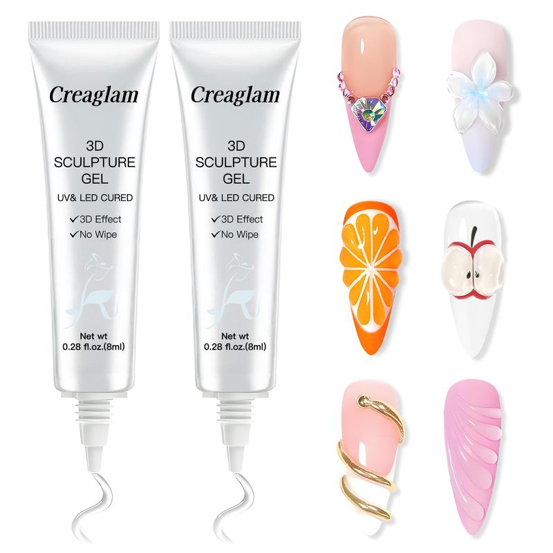 Creaglam 3D Nail Gel Art: 2pcs Sculpting Gel Nail Glue for Carving Patterns Decoration - Chrome Nail Powder and DIY Nail Charms - 4 in 1 Clear No Wipe Gel Nail Polish Rhinestone Nail Art Glue