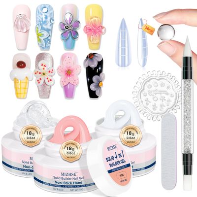 MIZHSE Solid Builder Gel for Nails: 4-in-1 3 Colors Hard Gel for Nails 3D Nail Art for Sculpting with Dual Forms Silicone Pen Soak Off U V LED Manicure Salon DIY Gift
