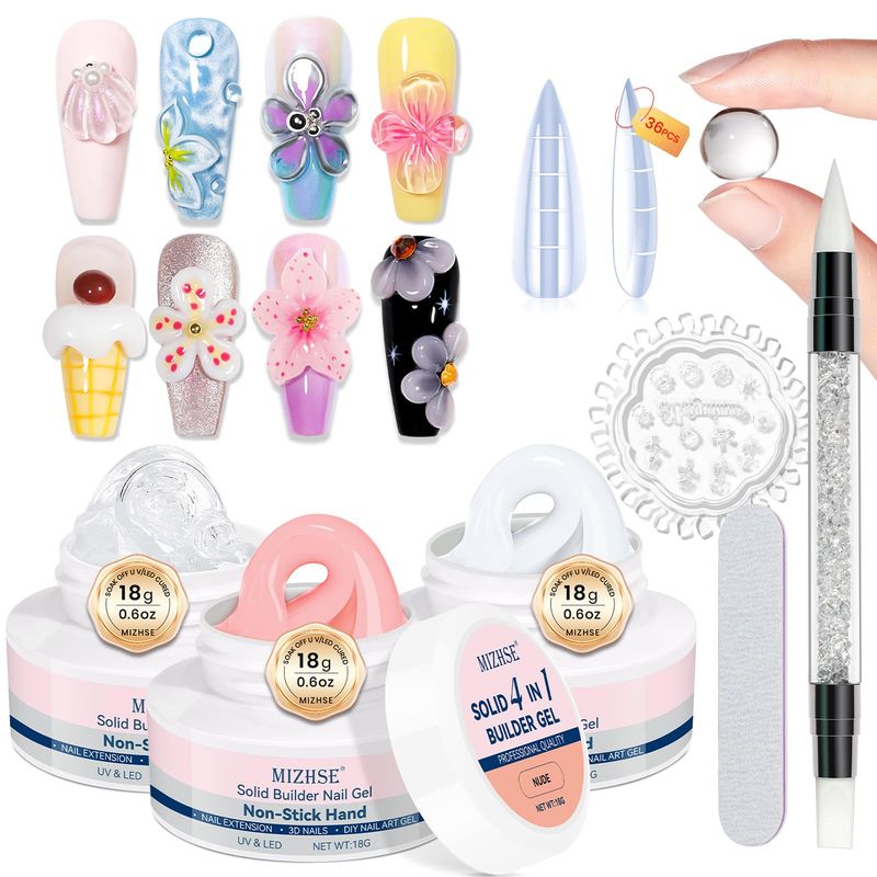 MIZHSE Solid Builder Gel for Nails: 4-in-1 3 Colors Hard Gel for Nails 3D Nail Art for Sculpting with Dual Forms Silicone Pen Soak Off U V LED Manicure Salon DIY Gift