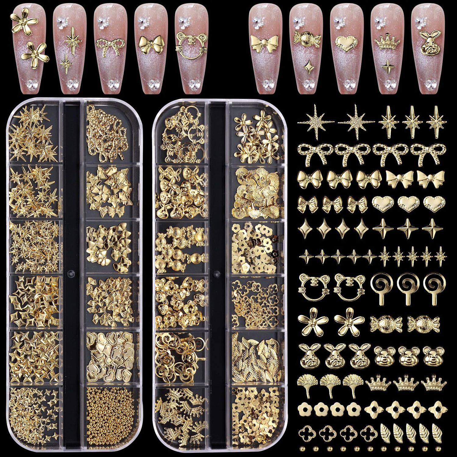 2 Boxes 3D Gold Nail Charms, Assorted Bow Bowknot Heart Star Alloy Nail Studs, Flower Crown Candy Metal Shiny Nail Jewelry, Luxury Rivet Nail Charms Rhinestones for Nails Art Decoration
