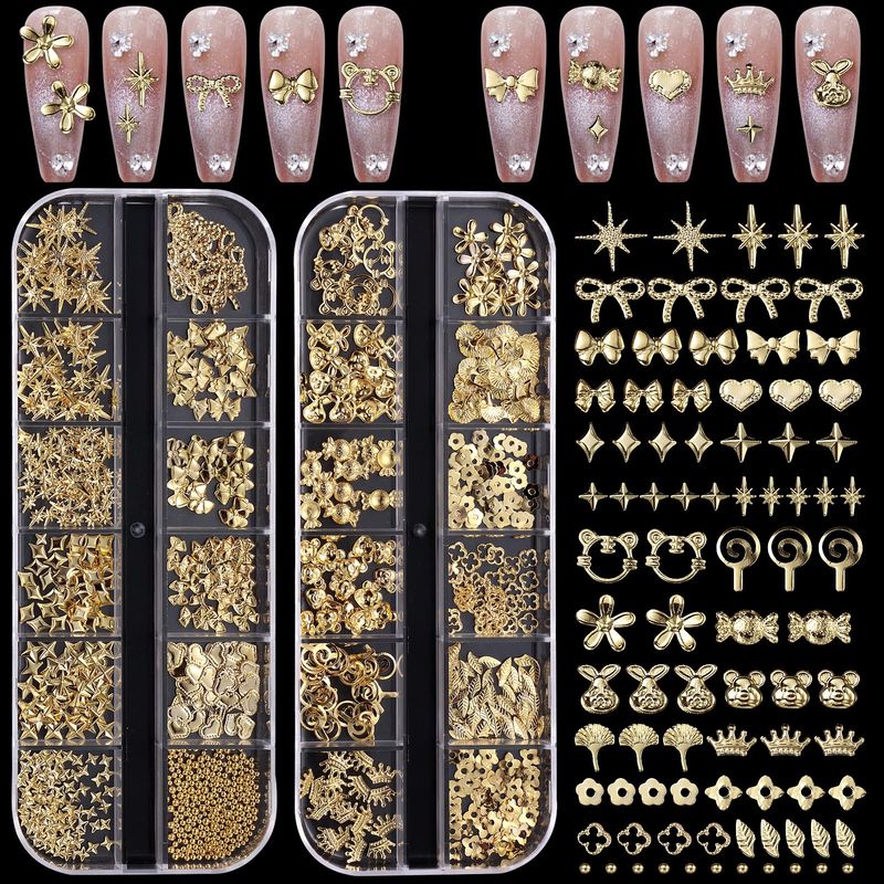 2 Boxes 3D Gold Nail Charms, Assorted Bow Bowknot Heart Star Alloy Nail Studs, Flower Crown Candy Metal Shiny Nail Jewelry, Luxury Rivet Nail Charms Rhinestones for Nails Art Decoration