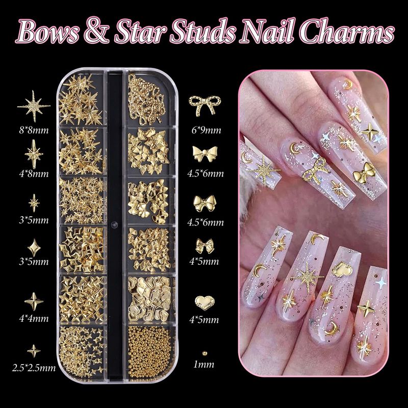2 Boxes 3D Gold Nail Charms, Assorted Bow Bowknot Heart Star Alloy Nail Studs, Flower Crown Candy Metal Shiny Nail Jewelry, Luxury Rivet Nail Charms Rhinestones for Nails Art Decoration