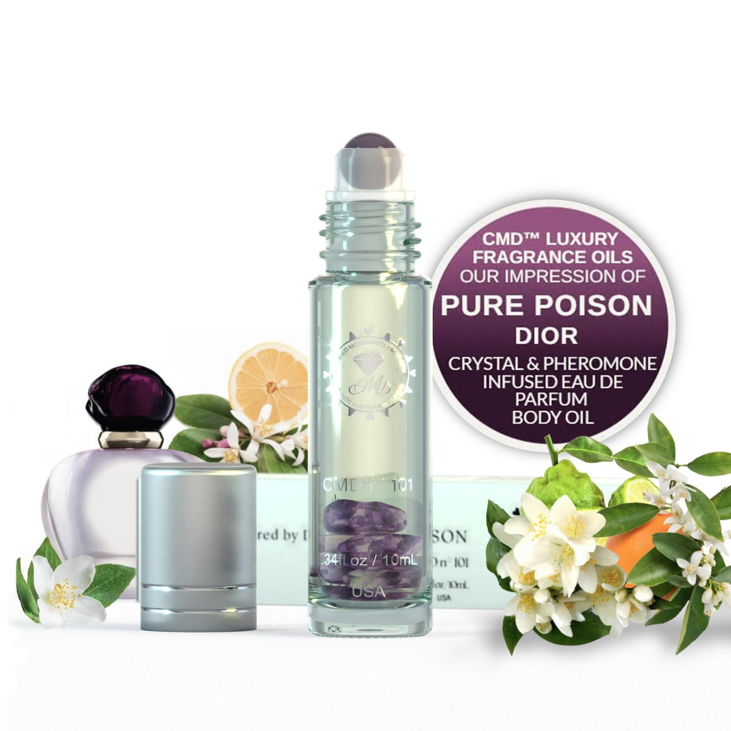 Luxury Fragrance Oil Infused with Pheromones - Roll On / Pure Poison Inspired / Natural Amethyst Crystal Rollerball / EDP Perfume Oil / Body Oil Roller / Gift for Women