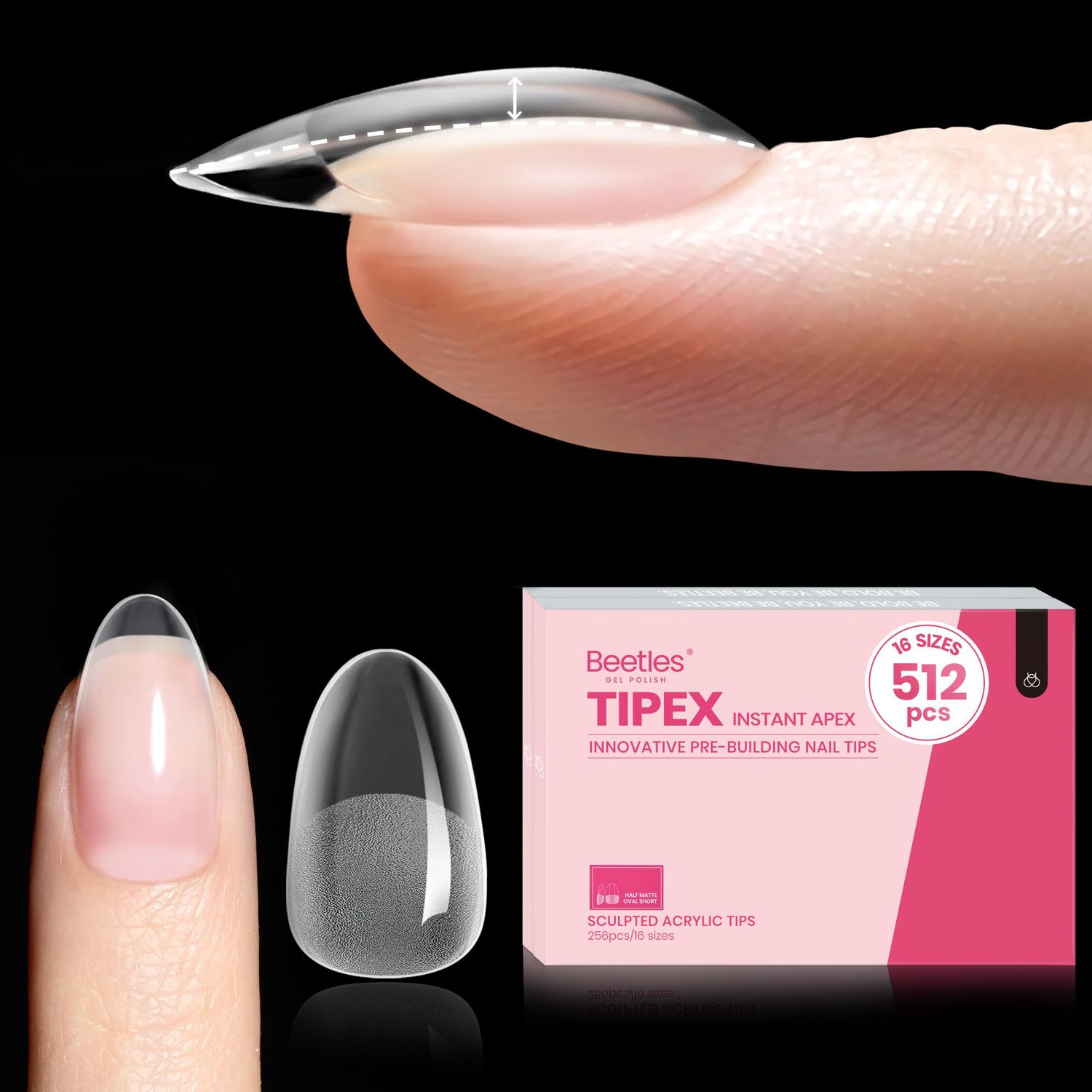 Beetles Tipex Instant Apex Nail Tips Short Oval, 512Pcs 16 Sizes Pre-Building &amp; Pre-Etched Gel Nail Tips Thicker Acrylic Nails Strong Full Cover False Nail Extension Press-on Nails for Flat Nails