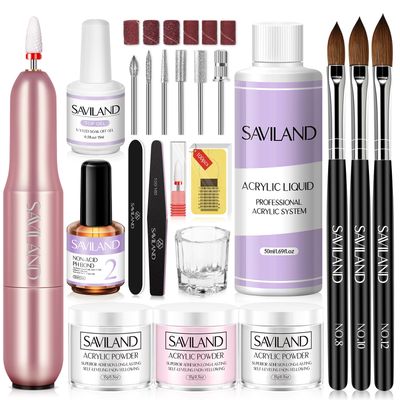SAVILAND Essentials Acrylic Nail Kit with Drill: White Pink Clear Acrylic Powder and Liquid Set Home Nail Salon Kit for Beginners with Everything Top Gel Nail Primer Brushes Forms Tools Manicure DIY