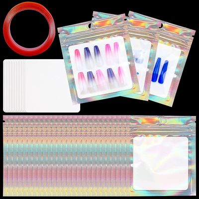 Lokyango Press on Nail Packaging Bag, 50PCS Empty Holographic Nail Storage Bag and 50PCS White Cardboard with 1 Roll Transparent Tape for Handmade Nails Business Nail Display (50pcs)