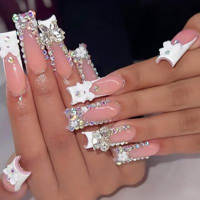 White French Tip Press on Nails Long Square Fake Nails With Rhinestones 3D Flowers Bow Charms Designs 3D Butterfly False Nails Full Cover Artificial Stick on Nails for Women Glue on Nails 24 Pcs