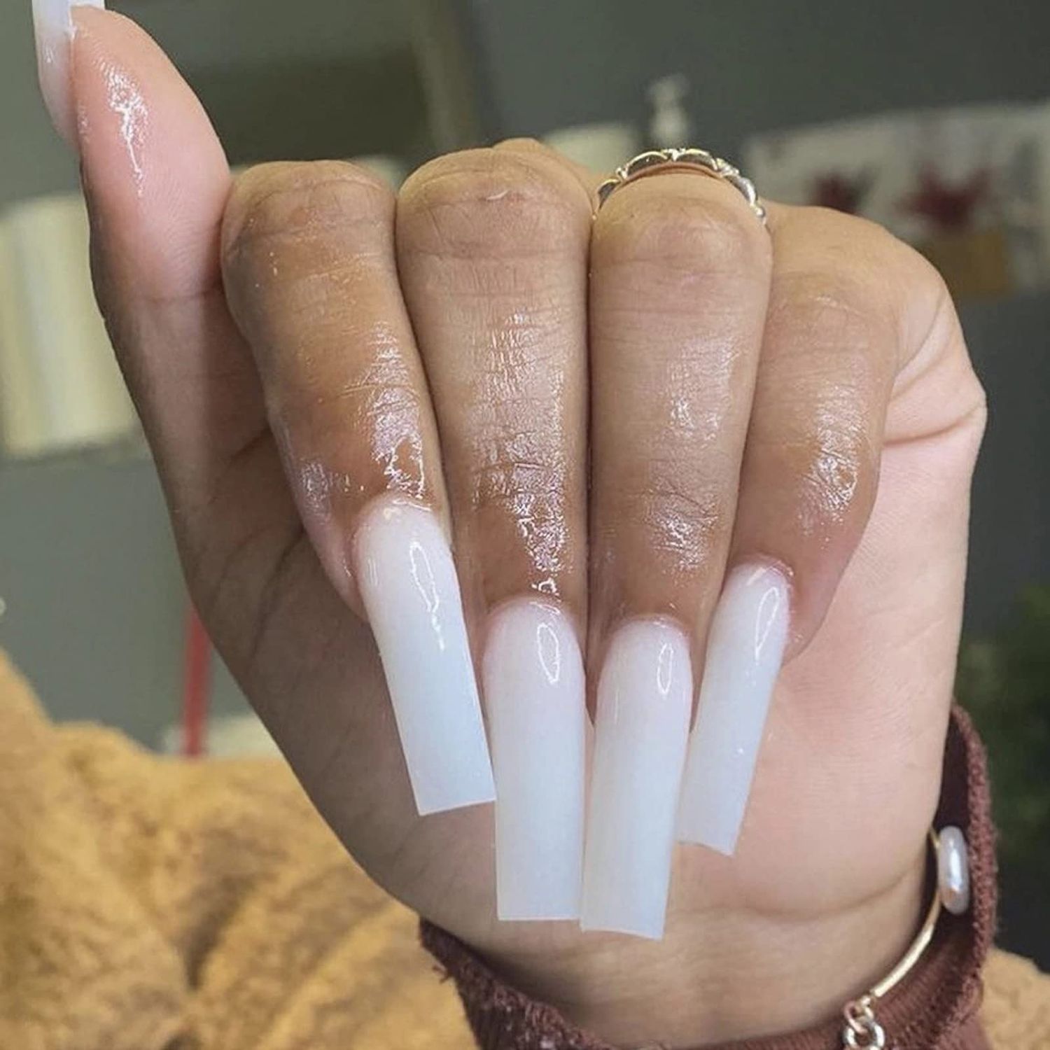 MISUD Press On Nails - Long Square &amp; Squoval Acrylic Nails, Glossy Glue On, Pure White Artificial, 24 pcs