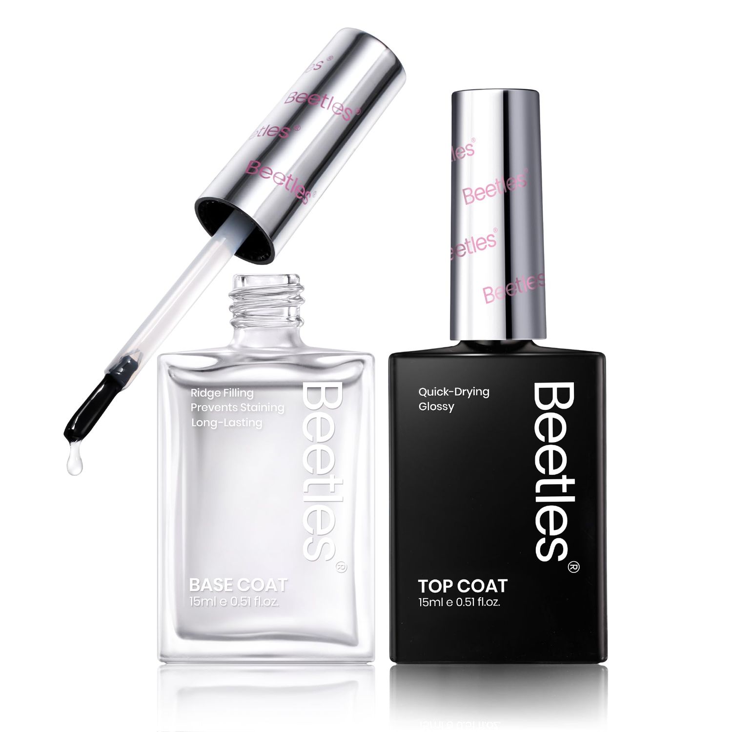 Beetles 2Pcs 15ml Nail Polish Top Coat and Base Coat Set, Fast Drying &amp; Long Lasting Shine Clear Nail Polish, 3 IN 1 Protects Nails, Enhances Glossy and Nourishes Nails