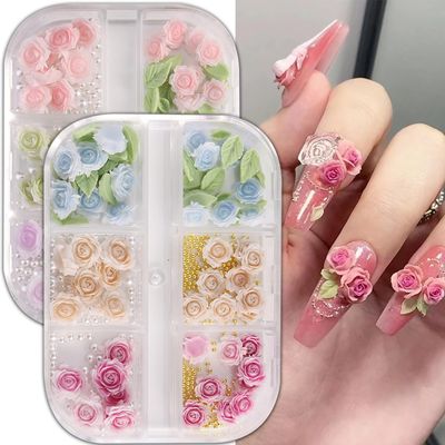 2 Box Flower Nail Art Charms6 Grids 3D Rose Flowers for NailsFlat-Back Resin Colored Rose Camellia Flower Nail Charms for Women Nail Decoration Valentines Day Wedding Party DIY Craft Supplies