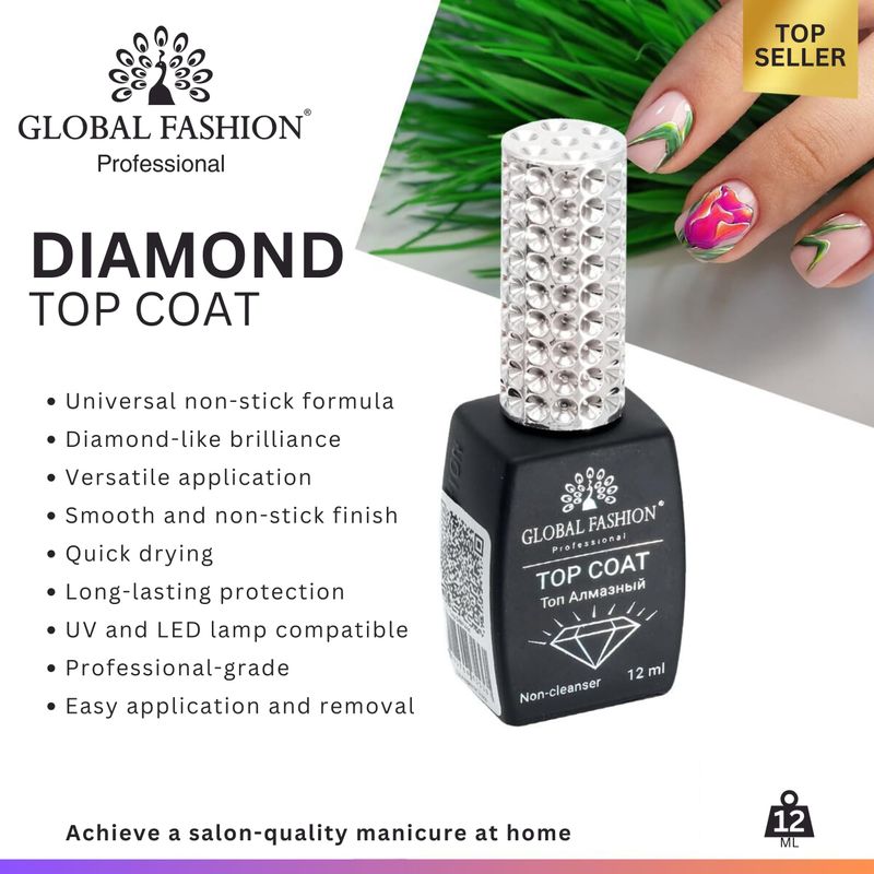 Top Diamond No Wipe Gel Top Coat 12ml - High Gloss, Long-Lasting, Scratch-Resistant, Non-Yellowing, Soak-Off UV/LED Nail Polish Seal - Ultra Shine, Chip-Free Finish, Quick Dry, Professional Use
