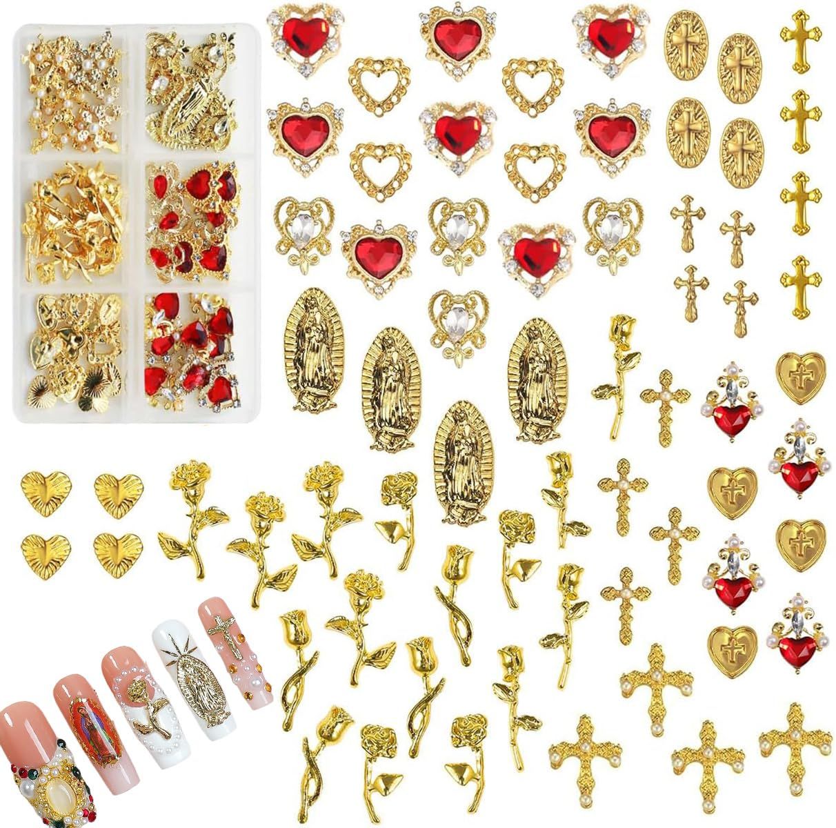 iOHAUU 72PCS Gold Nail Charms: 3D Chrome Cross, Rose Gold Virgin Mary Nail Charm, Crystal Heart and Gems Nail Decoration for DIY Manicure Craft, Y2K Nails Design