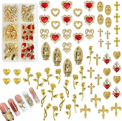 iOHAUU 72PCS Gold Nail Charms: 3D Chrome Cross, Rose Gold Virgin Mary Nail Charm, Crystal Heart and Gems Nail Decoration for DIY Manicure Craft, Y2K Nails Design