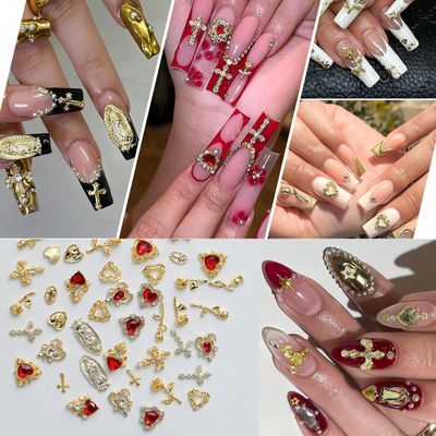 iOHAUU 72PCS Gold Nail Charms: 3D Chrome Cross, Rose Gold Virgin Mary Nail Charm, Crystal Heart and Gems Nail Decoration for DIY Manicure Craft, Y2K Nails Design