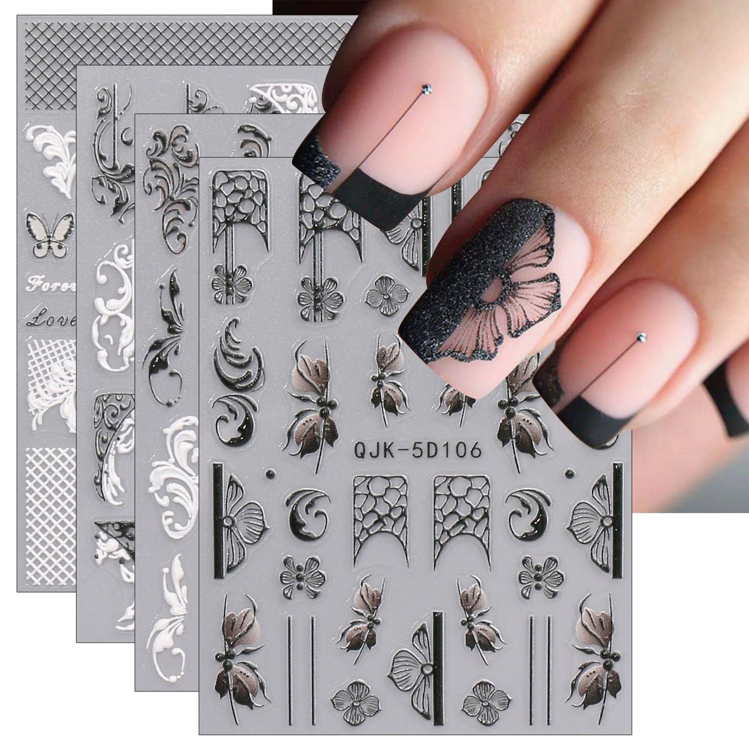 JMEOWIO 3D Embossed Black White Flower Nail Art Stickers Decals Self-Adhesive Pegatinas Uas 5D Line Leaves Nail Supplies Nail Art Design Decoration Accessories 4 Sheets