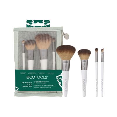 EcoTools On-The-Go Makeup Brush Kit, Travel-Friendly Brush Set, Mini-Size Makeup Tools for Powders, Blush, Bronzer, &amp; Eyeshadows, Eco-Friendly, Synthetic Bristles, Cruelty-Free &amp; Vegan, 5 Piece Set