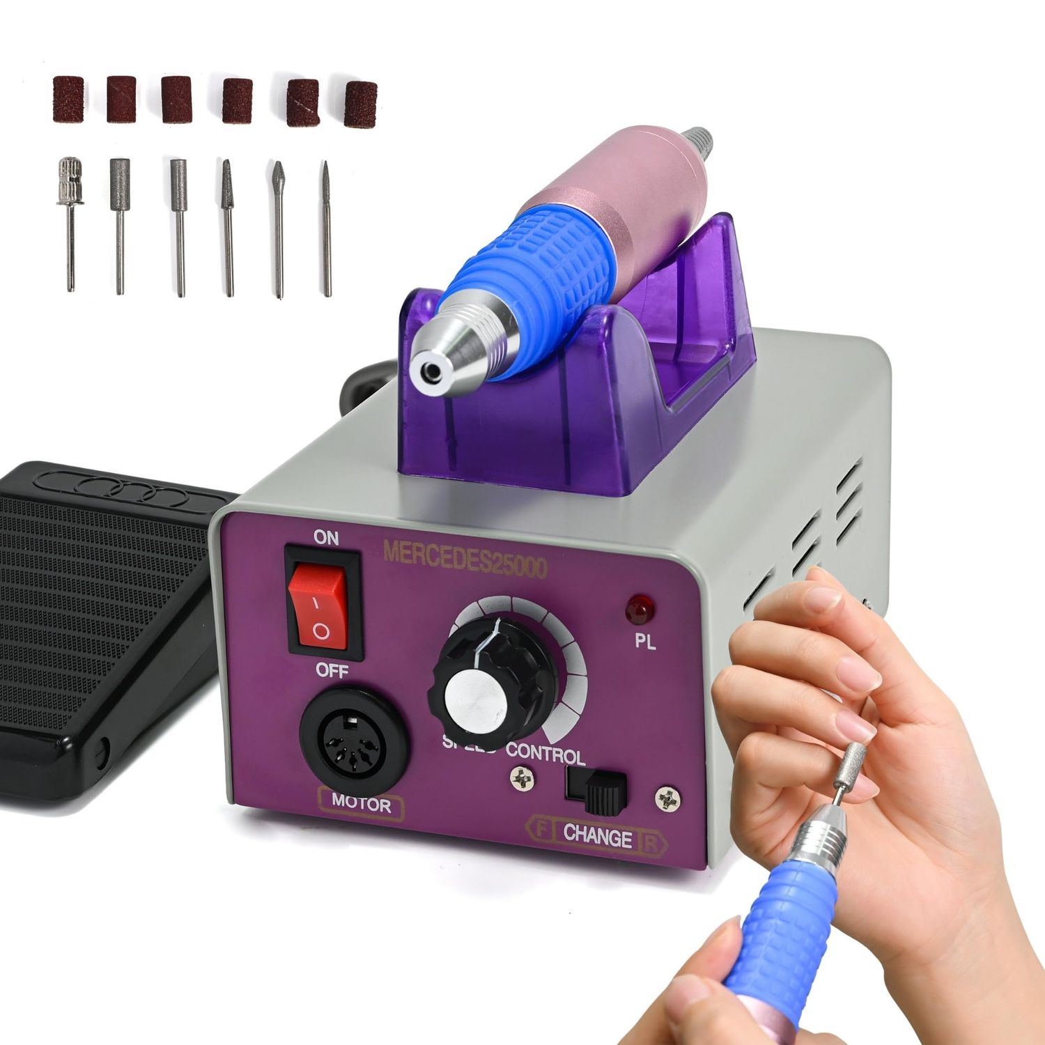 Professional Nail Drill Machine 25000 RPM Electric Nail File Kit with Foot Pedal 6 Drill Bits Sanding Bands for Home Salon Manicure Pedicure Acrylic Gel Nail Polishing Tools, 1.0 Count