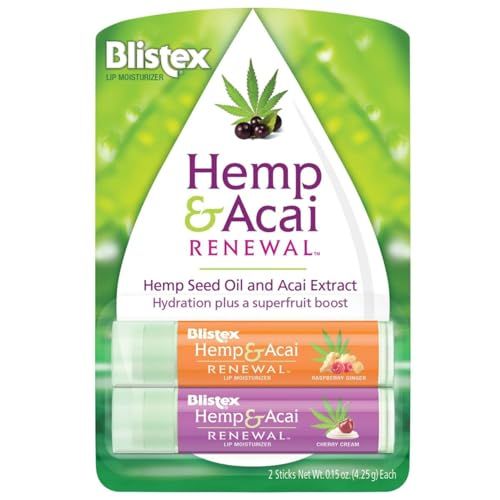 Blistex Hemp &amp; Acai Renewal Lip Balm, 0.30 Ounce, 2 Count Raspberry Ginger &amp; Cherry Cream, Moisturizing Lip Balm, Super Fruit Benefits, Nourishes &amp; Conditions Lips