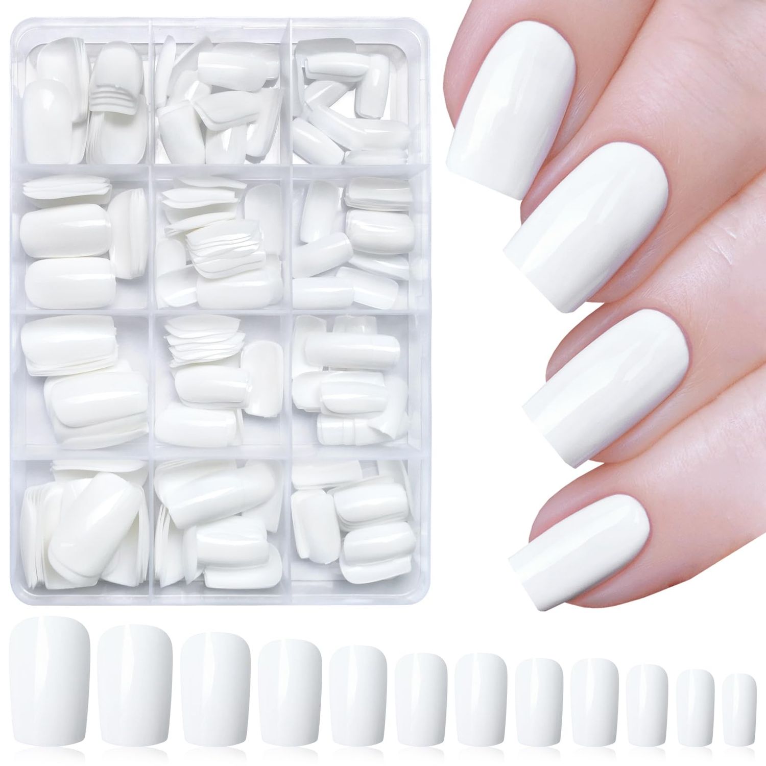 LoveOurHome 240pc White Press on Nails Medium Square Fake Nails Press ons Square Nail Tips Gel False Nails Colored Presson Artificial Fingernails &amp; Glue Adhesive Tabs Women Girls Manicure Decor