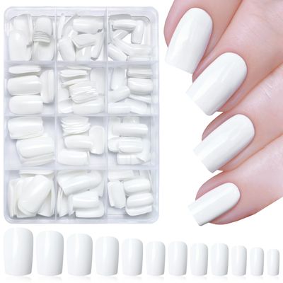 LoveOurHome 240pc White Press on Nails Medium Square Fake Nails Press ons Square Nail Tips Gel False Nails Colored Presson Artificial Fingernails &amp; Glue Adhesive Tabs Women Girls Manicure Decor