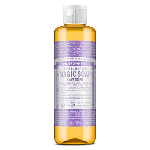 Dr. Bronners Pure-Castile Magic Liquid Soap (Lavender, 8 Ounce)- Made with Organic Oils, 18-in1 Uses: Face, Hair, Hand &amp; Body Soap, Laundry, Pets- Concentrated, Vegan, Non-GMO
