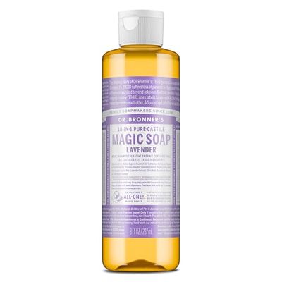 Dr. Bronners Pure-Castile Magic Liquid Soap (Lavender, 8 Ounce)- Made with Organic Oils, 18-in1 Uses: Face, Hair, Hand &amp; Body Soap, Laundry, Pets- Concentrated, Vegan, Non-GMO