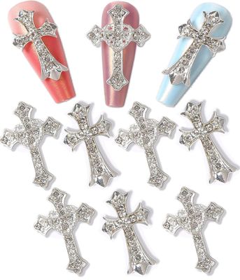 Cagzzee 3D Cross Nail Charms, Silver Crystal Cross Nail Decorations for Nail Art, 10Pcs, Metal Nail Art Rhinestones Cross Charms for DIY Designs Supplies (Silver)