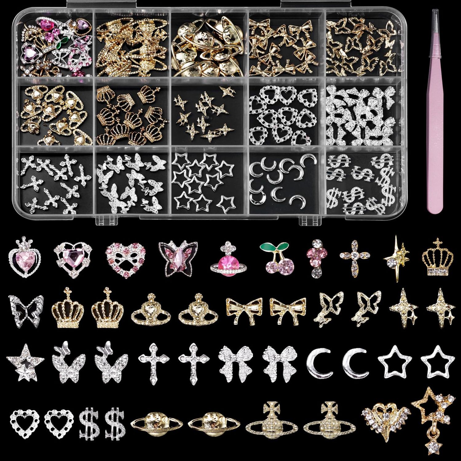 154 Pcs Alloy Star Cross Nail Gems Charms, Silver Gold Bow Crown Butterfly Cross Bow Nail Charms 3D Cherry Planet Heart Nail Jewelry Charms, Nail Rhinestones Gems Charms for Nail Art DIY Decoration