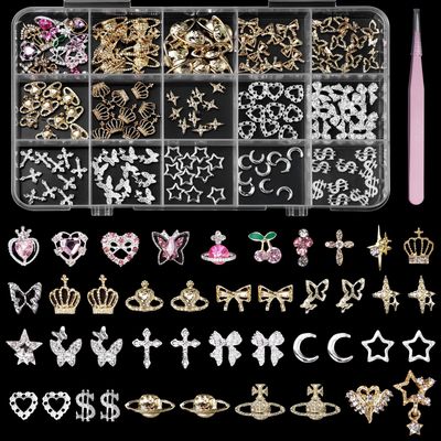 154 Pcs Alloy Star Cross Nail Gems Charms, Silver Gold Bow Crown Butterfly Cross Bow Nail Charms 3D Cherry Planet Heart Nail Jewelry Charms, Nail Rhinestones Gems Charms for Nail Art DIY Decoration