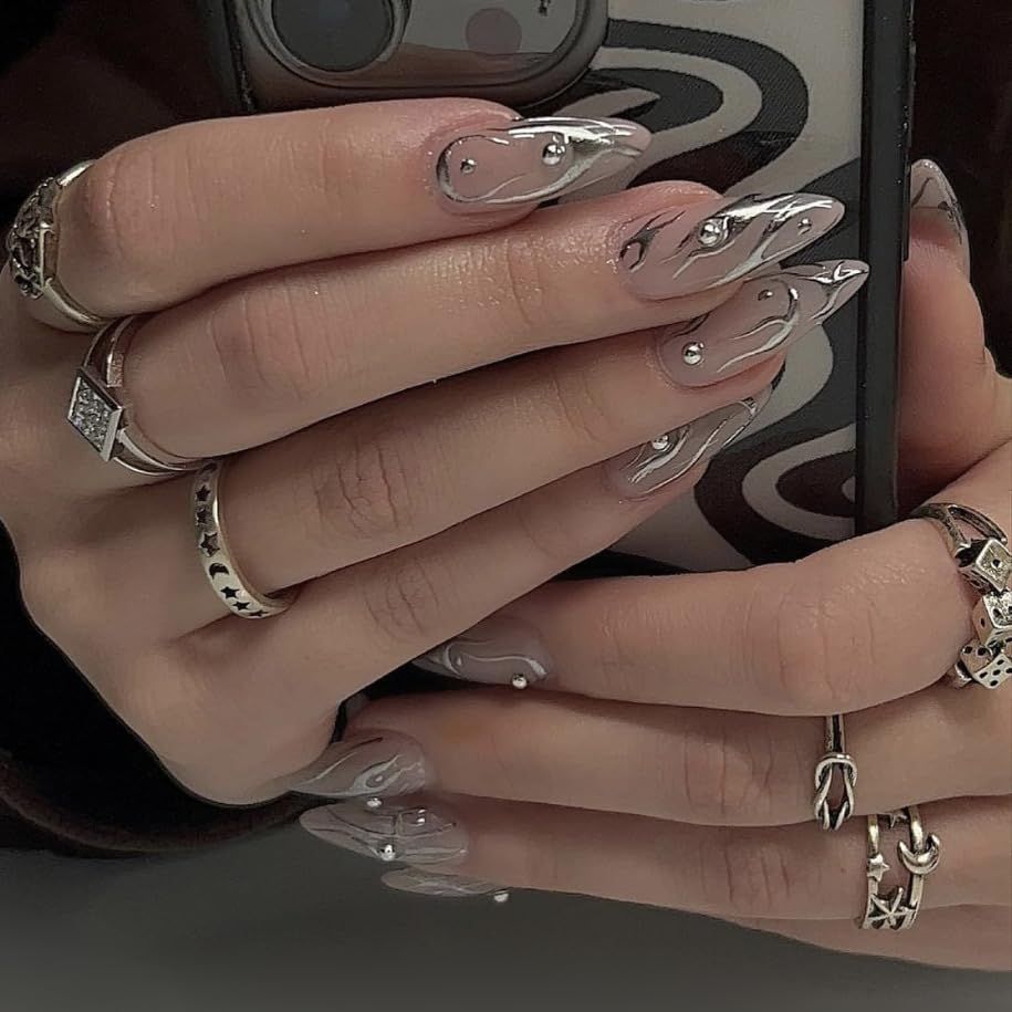 BABALAL Almond Press on Nails Medium Fake Nails Sliver swirl Glue on Nails Rhinestone Stiletto Acrylic Nails with Design