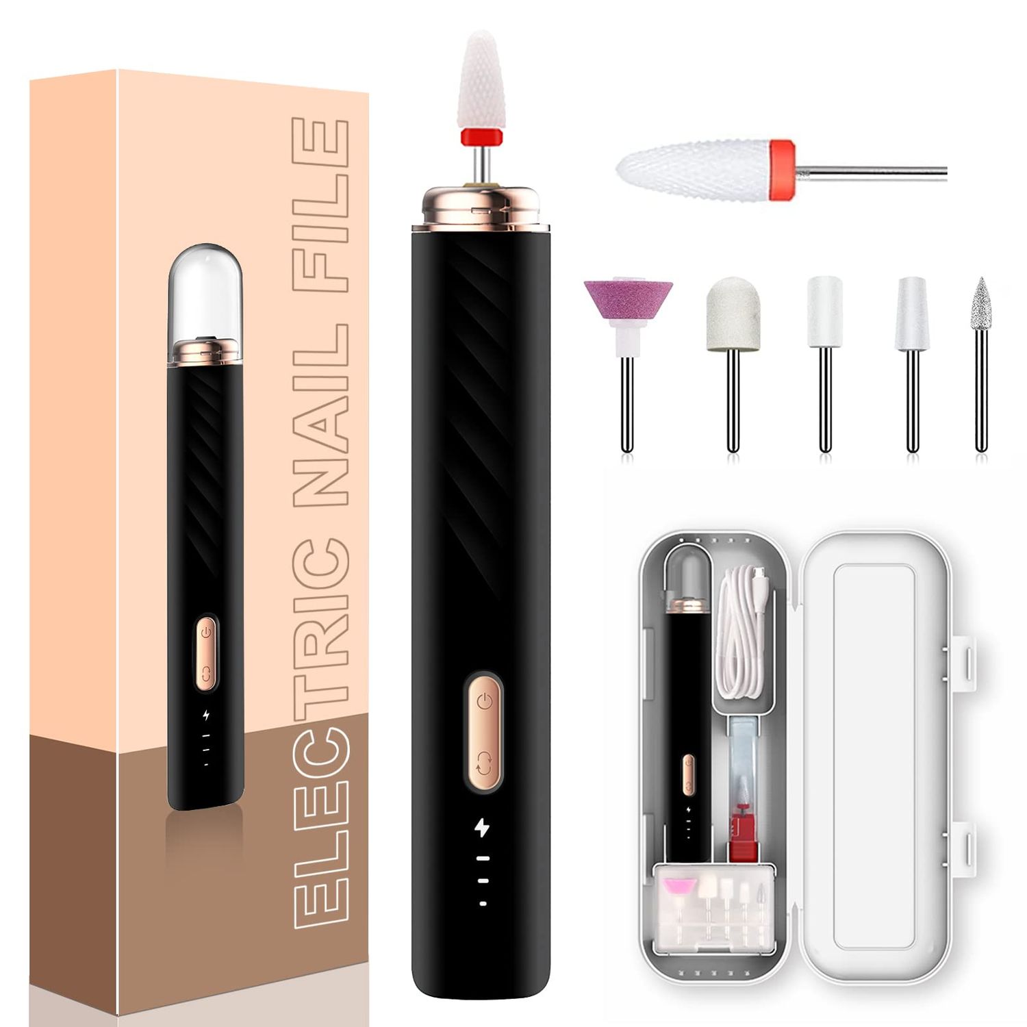 Professional Rechargeable Electric Nail Drill Machine with Ceramic Bit for Beginners, Nail Drill Set for Manicure and Pedicure (Black)