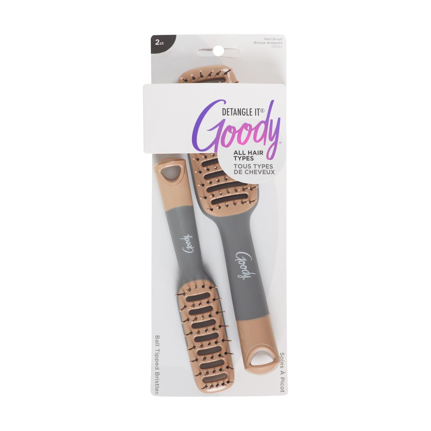 Goody Detangle It Vented Hair Brush, Quick Drying Detangler Brush with Flexible Bristle, Use as a Detangling Brush or Styling Brush to Tackle Tangles, Knots &amp; Frizz, All Hair Types, Brown/Grey - 2 Ct