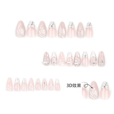 Hkanlre Cute Press on Nails Silver Fake Medium Nails Tips Full Cover Almond French False Nails for Women and Girls 24PCS