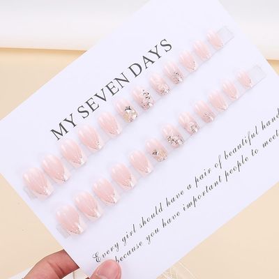 24Pcs French Tip Press on Nails Short Fake Nails Square Press ons Nude Pink Glue on Nails with Star Glitter Sequins Design White Flower Charms Acrylic Nails White Nail Tip False Nails for Women Girls